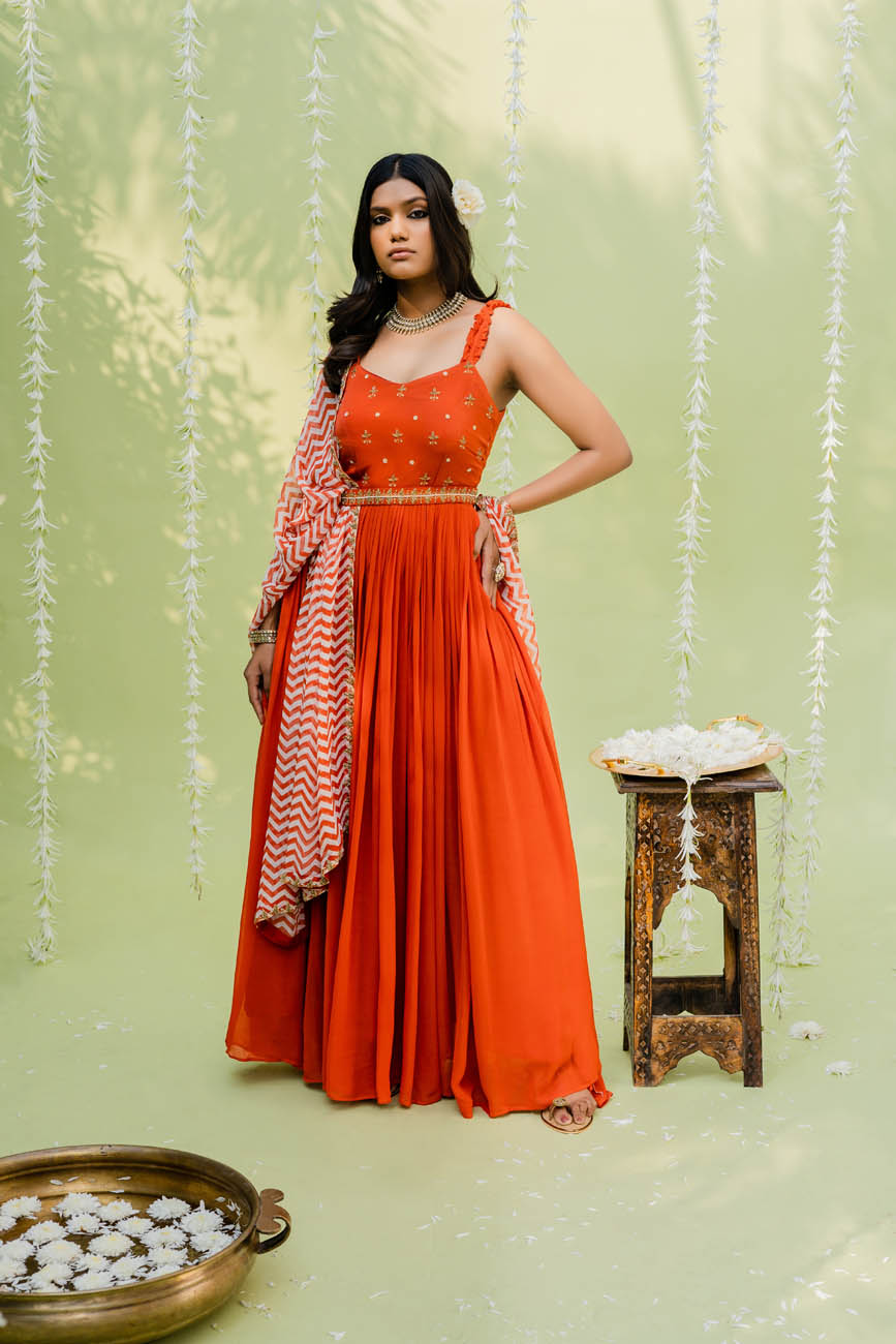 Orange anarkali outlet dress images